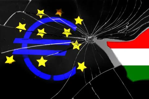 EU flag on the texture of broken into sharp fragments of black glass with a s Foto stock