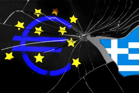 EU flag on the texture of broken into sharp fragments of black glass with a s Stock Photos