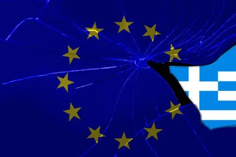 EU flag on the texture of broken into sharp fragments of glass with a separat Foto stock