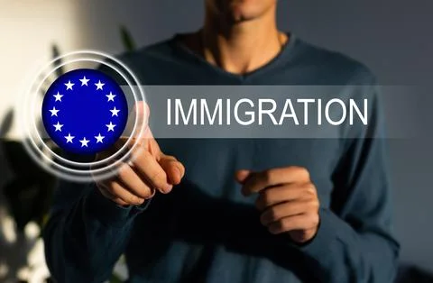 EU flag virtual immigration button, European Union flag Stock Photos