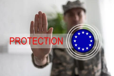 EU flag virtual protection button, European Union flag Stock Photos