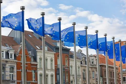 EU Flags Flying in Front of Traditional Houses in Brussels Stock Photos