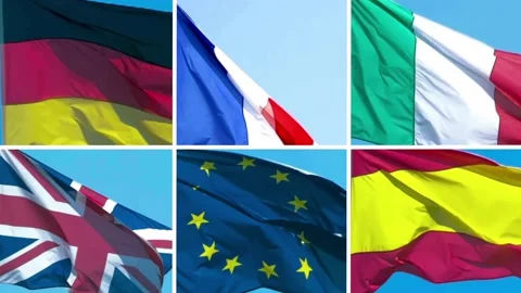 EU flags in six splitscreen mode, from left to right Stock Footage 239020013