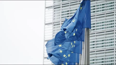 EU flags wave in front of a modern building on a cloudy day, symbolizing unity Stock Footage 277300711