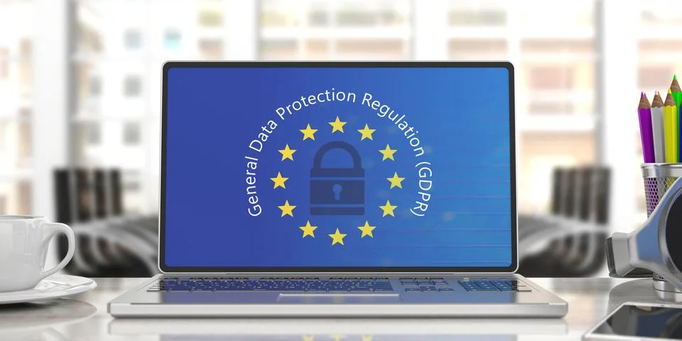 EU GDPR. Computer screen with General Data Protection Regulation text on Euro 库存插图