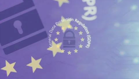 EU GDPR. General Data Protection Regulation text on European Union flag. 3d i Stock Illustration