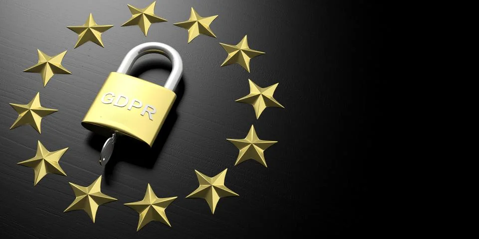 EU General Data Protection Regulation. GDPR on a padlock and EU stars on blac 스톡 일러스트