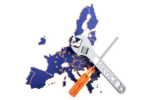 The EU map with screwdriver and wrench, 3D rendering Stock Illustration