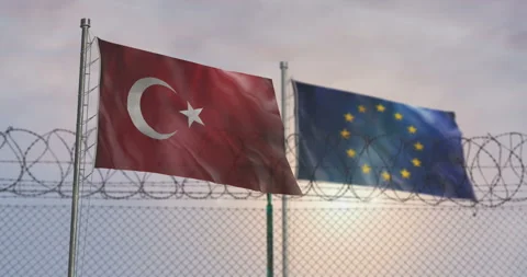 EU Turkey waving flags with barbed wire fence Video stock 315117019