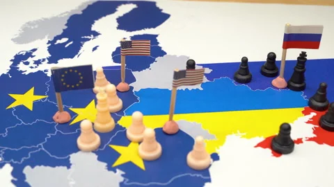 EU, USA and Russian flags with chess pieces symbolizing the conflict and control Stock Footage 169720513