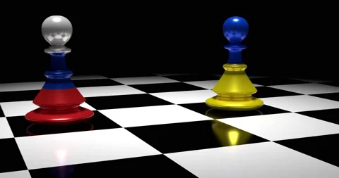 EU, USA and Russian flags with chess pieces symbolizing the conflict and control Stock Footage 171483074