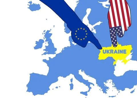 Eu usa hand shape flags pointing on ukraine war politics concept Stock Illustration