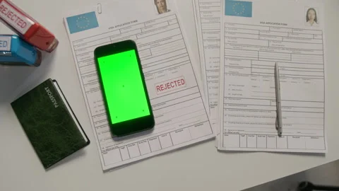 EU Visa Application with Rejected Stamp, Green Screen Smartphone at Consulate Stock Footage 331512597