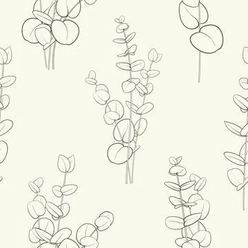 Eucalyptus branch pattern on white background. Line art style Stock Illustration