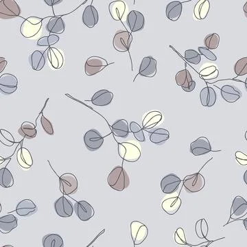 Eucalyptus branches in single line art style, seamless pattern in blue pastel Stock Illustration