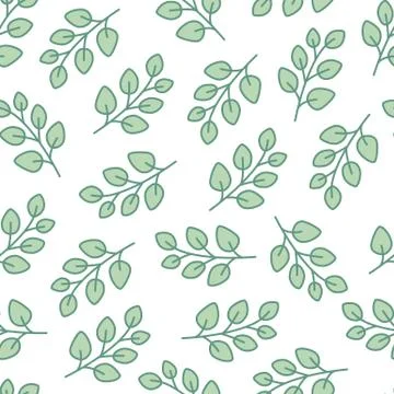 Eucalyptus tree branch seamless pattern with line icons. Medical plant green Stock Illustration