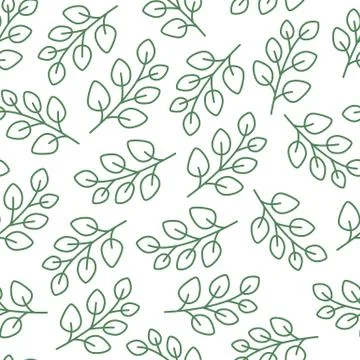 Eucalyptus tree branch seamless pattern with line icons. Medical plant green Stock Illustration