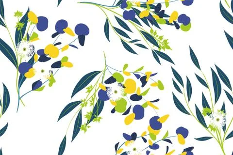 Eucalyptus Vector. Colorful Seamless Pattern with Vector Leaves, Branches and Stock Illustration