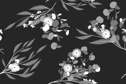 Eucalyptus Vector. Monochrome Seamless Pattern with Vector Leaves, Branches a Stock Illustration