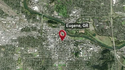 Eugene City Map Zoom (OR, USA) from Space to Earth Video stock 295392227