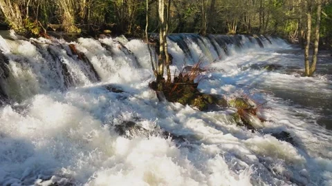 Eume River Flowing Through Spillways In A Coruna, Spain. drone shot Stock Footage 263729397
