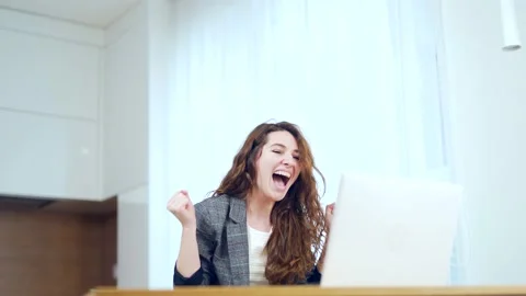 Euphoric lady gets new distance job opportunity, reads good news in email Stock Footage 145246010