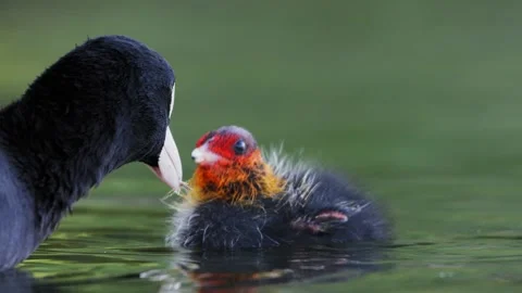 Eurasian Coot Parent Feeding Chick in 4K Slow Motion Nature Footage Stock Footage 337716829