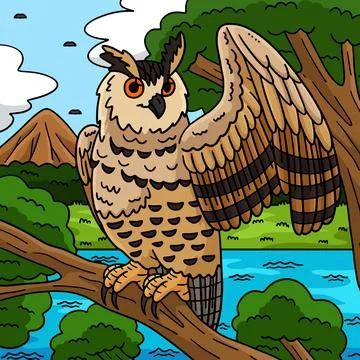 Eurasian Eagle Owl Colored Cartoon Illustration Stock Illustration