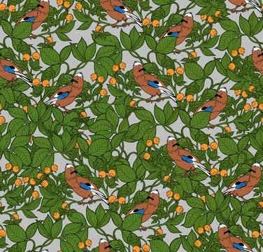 Eurasian jay birds seamless pattern with golden oak leaves and nuts on gray Stock Illustration
