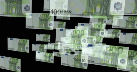 Euro 100 banknote – flying between transparent money Stock Footage 197379540