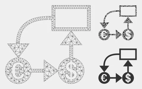 Euro and Dollar Flow Chart Vector Mesh Carcass Model and Triangle Mosaic Icon Stock Illustration