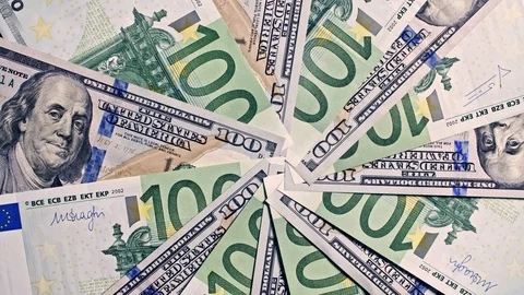 Euro and USD new notes together spinning, 4k macro shot Video stock 126616751