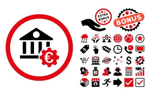 Euro Bank Settings Flat Vector Icon with Bonus Stock Illustration