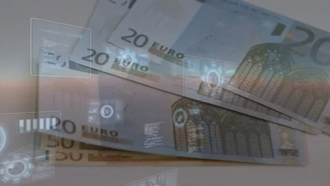 Euro banknote stack being scanned by pulsing HUD, overlays revealing 50 euro for Stock Footage 328684967