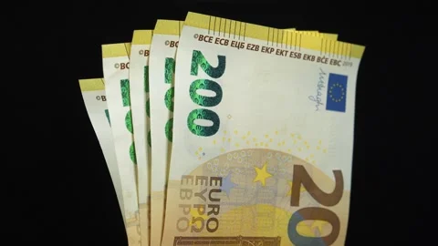 Euro banknotes in cash, including five 200 euro notes totaling 1000 euros Stock Footage 344697785