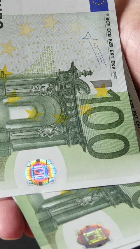 Euro Banknotes Fall From Above Into Open Palms.Vertical Video stock 271242011