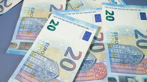 Euro banknotes fall on the table. Video stock 117296028