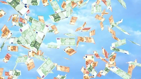 Euro banknotes falling down with the blue sky as a background Video stock 308456820