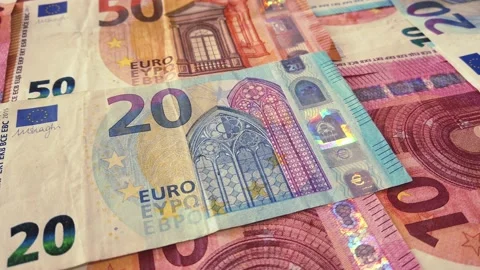 Euro banknotes. table covered with banknotes. Close up. Dolly Shot Stock Footage 146282456