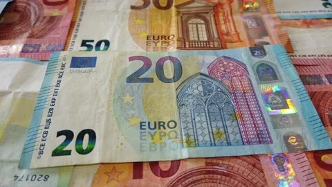 Euro banknotes. table covered with banknotes. Close up. Dolly Shot Stock Footage 146282505