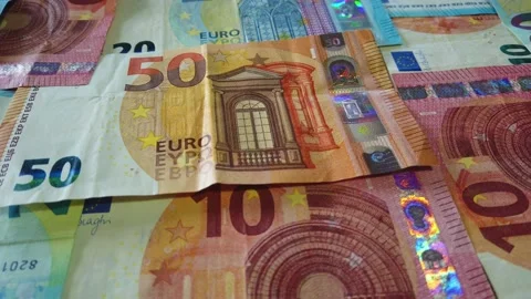 Euro banknotes. table covered with banknotes. Close up. Dolly Shot Stock Footage 146282823