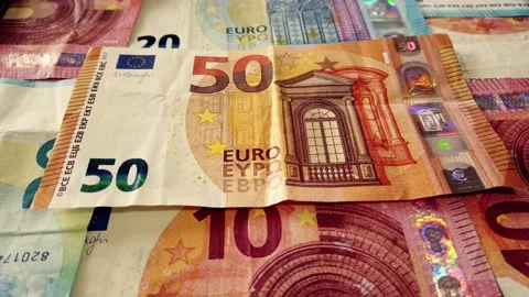 Euro banknotes. table covered with banknotes. Close up. Dolly Shot Stock Footage 146282851