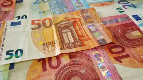 Euro banknotes. table covered with banknotes. Close up. Dolly Shot Stock Footage 146282864