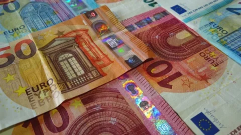 Euro banknotes. table covered with banknotes. Close up. Dolly Shot Stock Footage 146282880