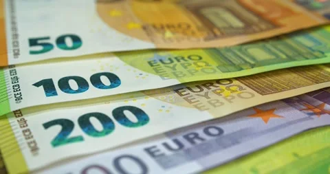 Euro banknotes of various denominations. Banknotes 500, 200, 100 and 50 Euro Stock Footage 247932630