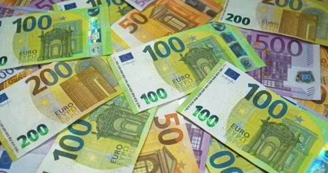 Euro banknotes of various denominations. Banknotes 500, 200, 100 and 50 Euro Stock Footage 252854546