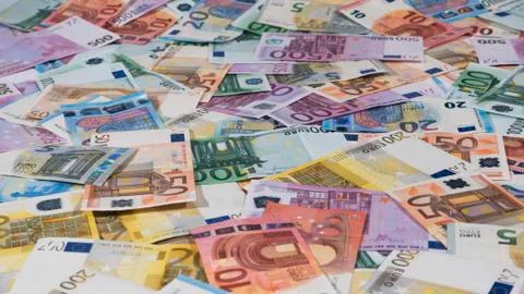 Euro Bills, money texture, background, side view, focus on middle ground Stock Photos