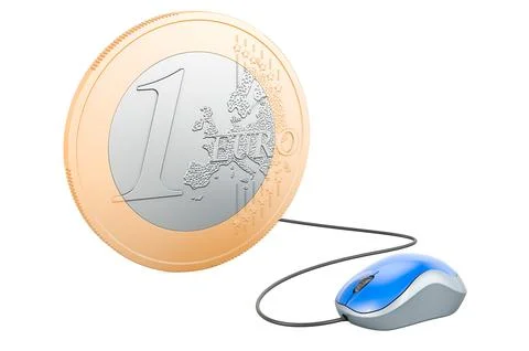 Euro coin with computer mouse. Make money online concept, 3D illustration 스톡 일러스트