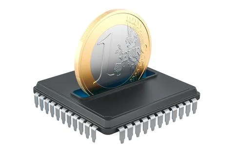 Euro coin inserted into microchip, digital payment technology concept. 3D r.. Stock Illustration