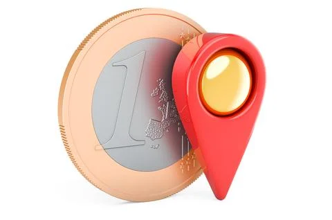 Euro coin with map pointer. 3D rendering Illustrazione stock